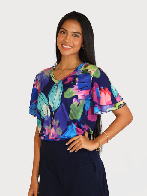 Double Ruffle Bell Sleeves V Neck DIGITAL PRINT Top - T2704